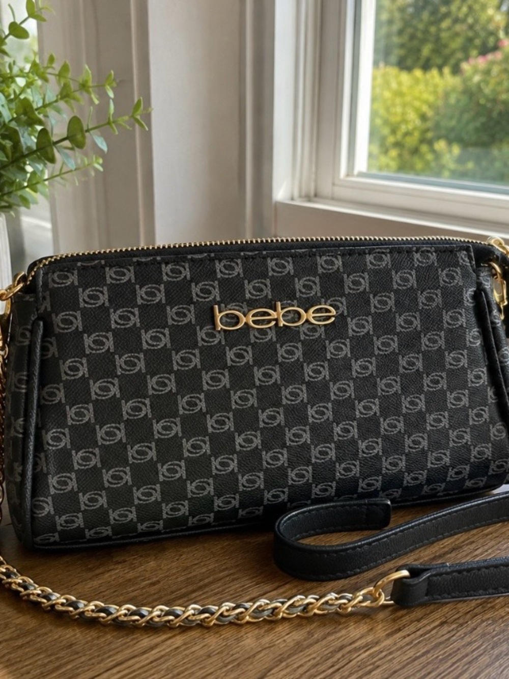 Bebe Black Monogram Crossbody Bag with Gold Chain Strap